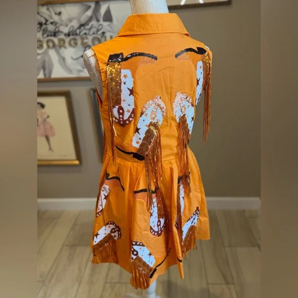 New! QUEEN OF SPARKLES Orange & White Sequin Boot Mini Dress